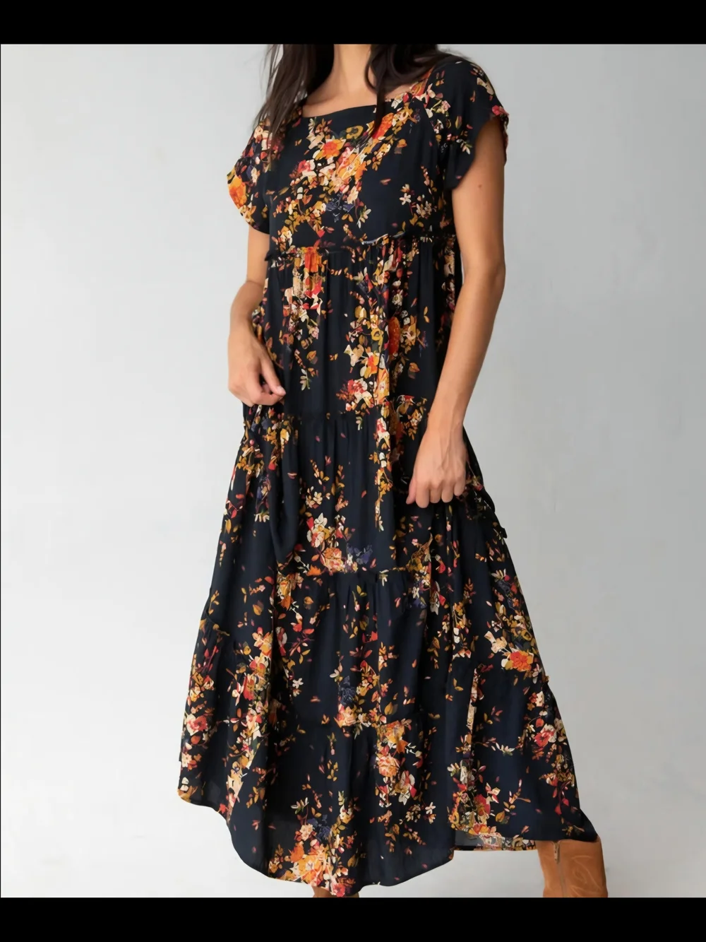 Floral Tiered Maxi Dress in Black with Orange Accents - Picture 1 of 2